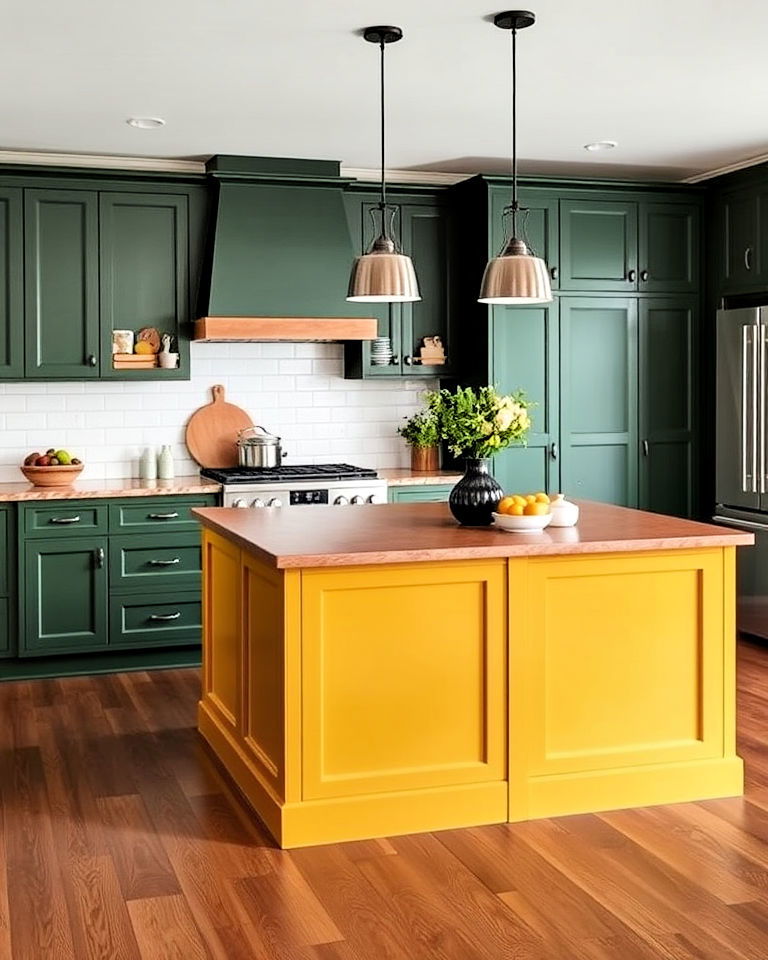 yellow kitchen island with green base cabinets