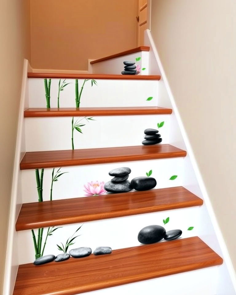 zen inspired bamboo and stone stair risers