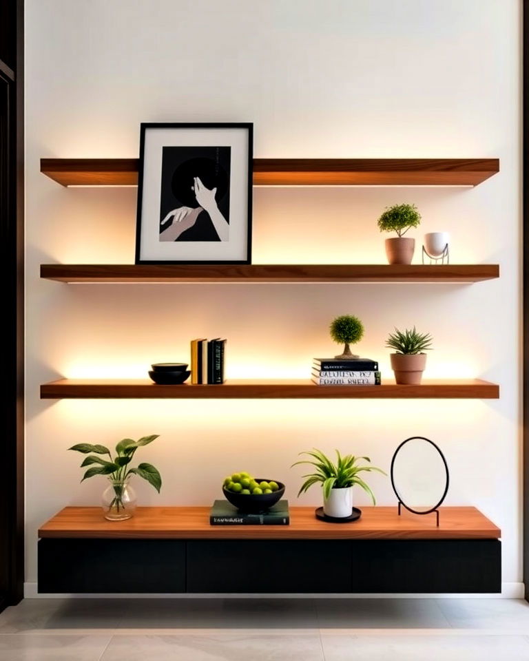 Sleek Floating Shelves to Enhance Entryway - 15 Luxury Modern Entryway Ideas