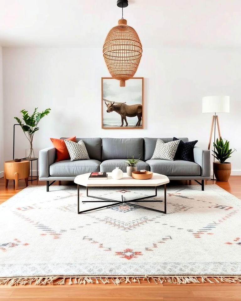 abstract boho rugs - 20 Minimalist Modern Boho Living Room Ideas