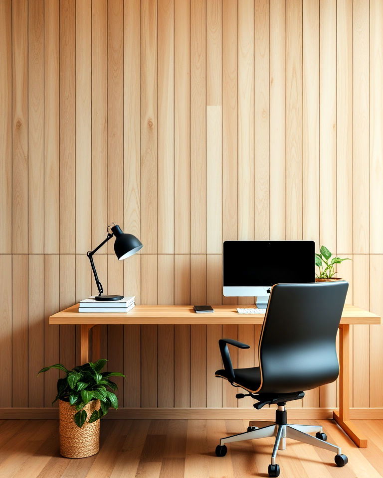 accent wall with wooden panels for office accent wall with wooden panels for office - 25 Japandi Home Office Ideas