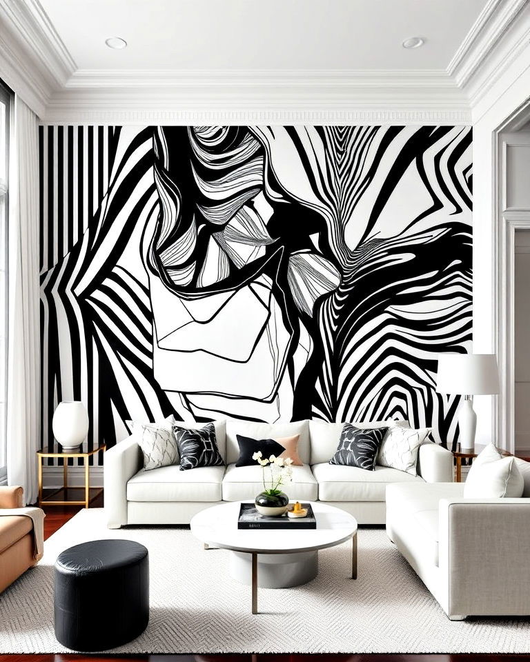 accent walls living room in bold patterns - 20 Luxury Black and White Living Room Ideas