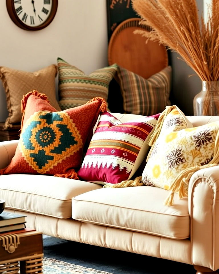 accessorize with bold throw pillows - 25 Rustic Boho Living Room Ideas