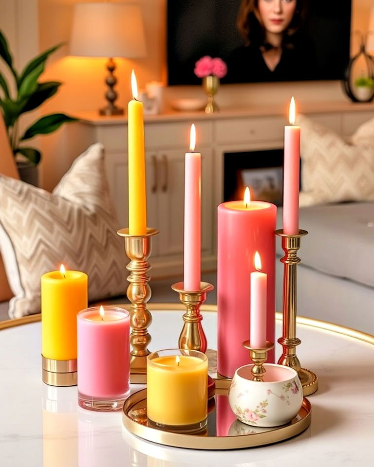 accessorize with candles and holders - 25 How to Decorate With Yellow and Pink-captions