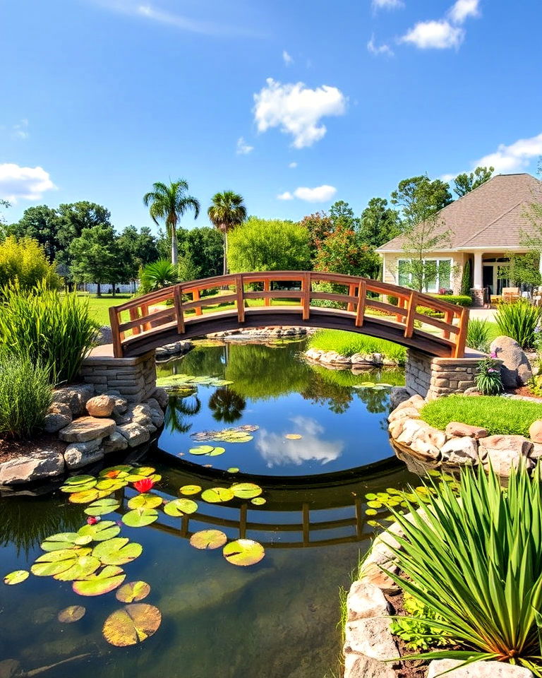 add a bridge over the pond landscapes - 15 Large Pond Landscaping Ideas