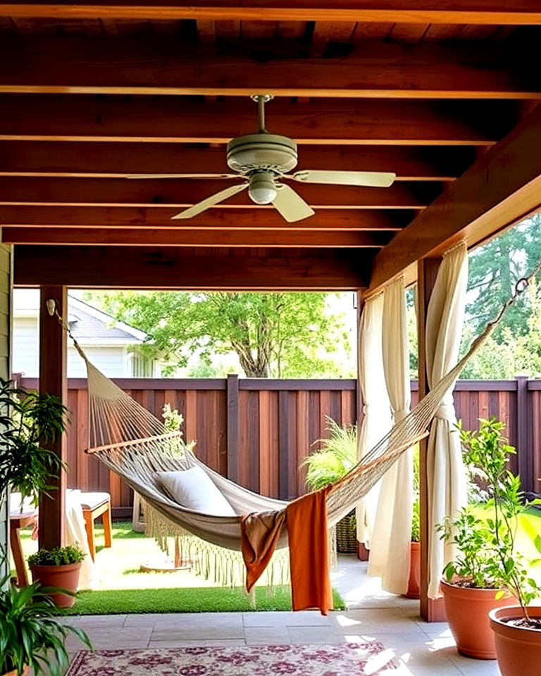 add a deck hammock for relaxation - 20 Under Deck Landscaping Ideas