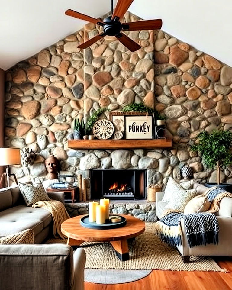 add character with a stone accent wall - 25 Rustic Boho Living Room Ideas