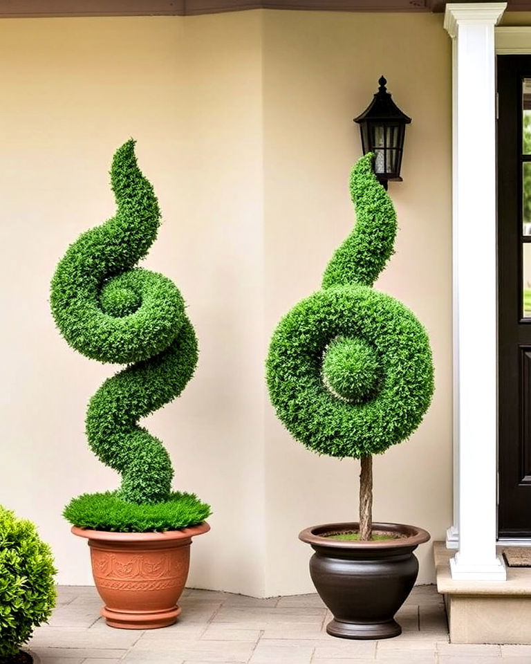 add charm with boxwood spiral topiaries - 25 Boxwood Landscaping Ideas