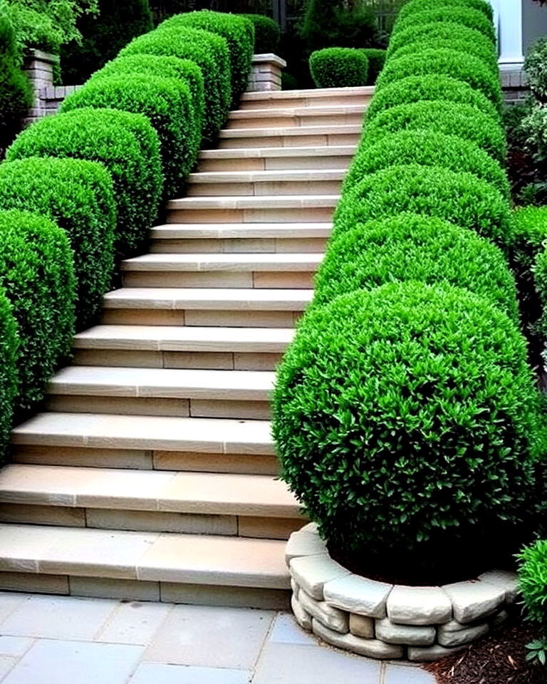 add elegance to steps with boxwood rows - 25 Boxwood Landscaping Ideas