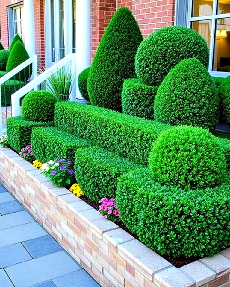 add height with tiered boxwood arrangements - 25 Boxwood Landscaping Ideas
