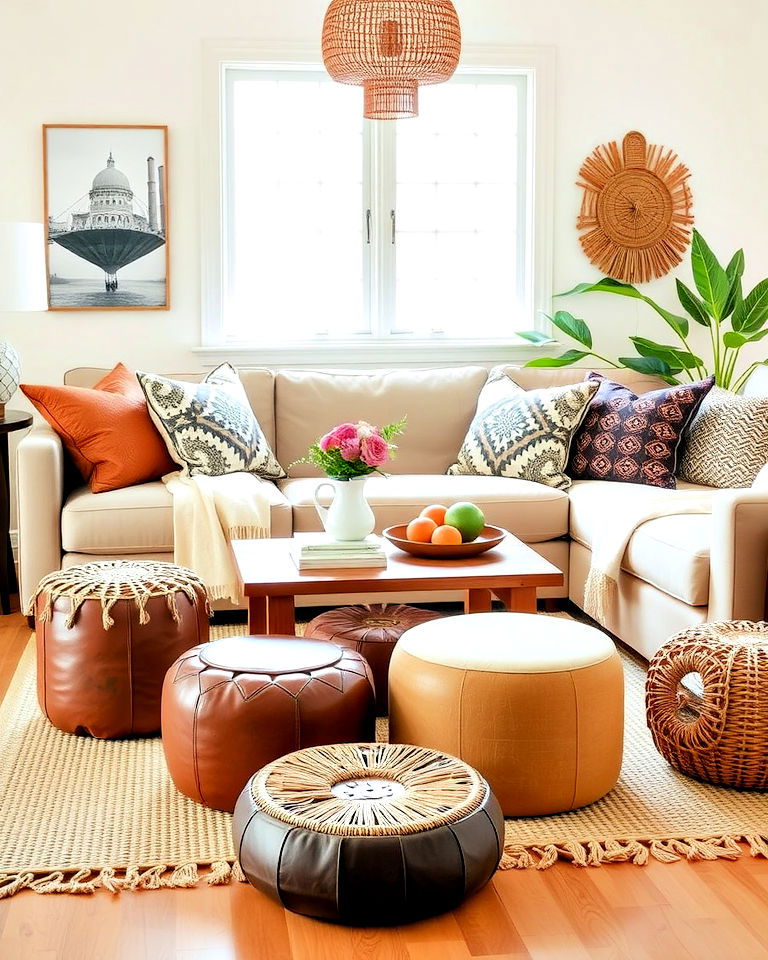 add poufs for functional seating to a rustic boho living room - 25 Rustic Boho Living Room Ideas