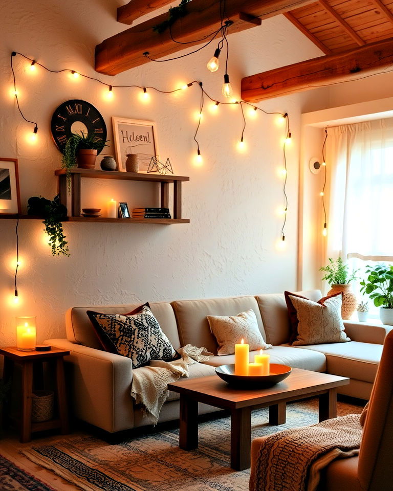 add warmth with string lighting for boho living room - 25 Rustic Boho Living Room Ideas