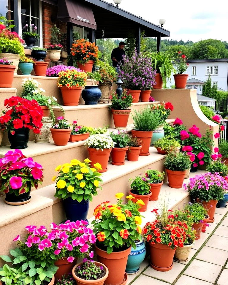 adding colorful container plants - 30 Terraced Garden Ideas