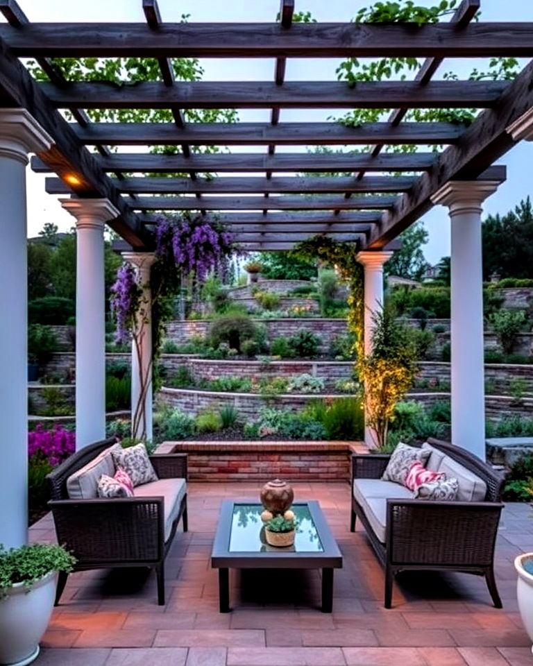 adding seating areas with pergolas - 30 Terraced Garden Ideas