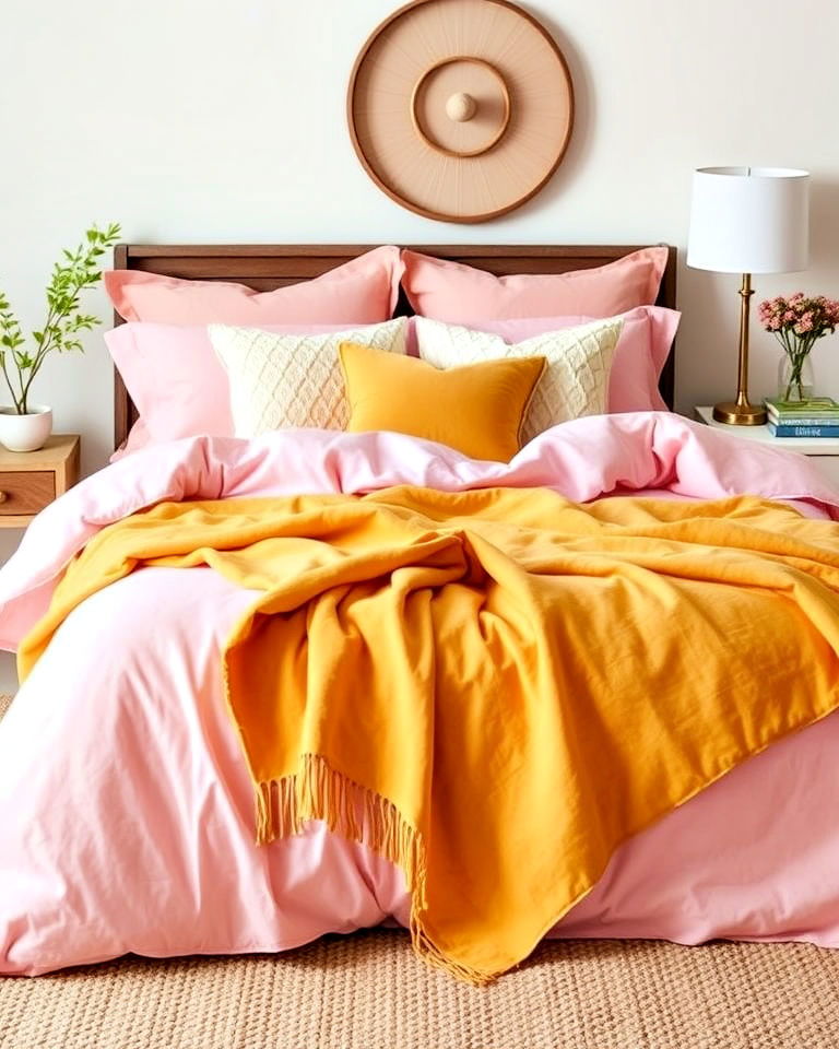 adorn beds with yellow and pink linens - 25 How to Decorate With Yellow and Pink-captions