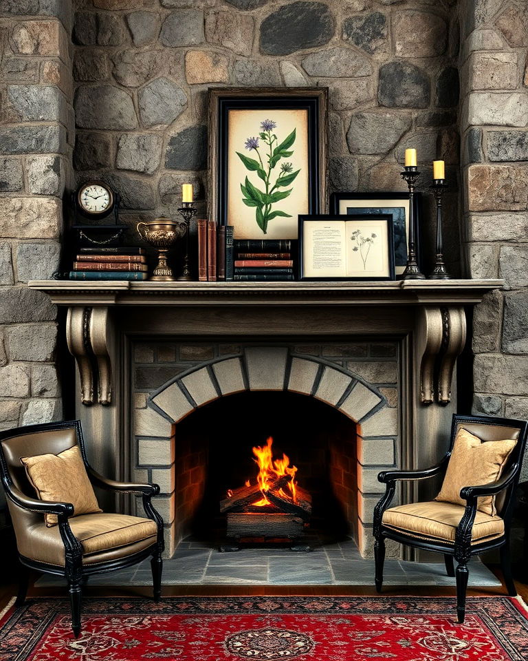 aged stone hearth with gothic mantel - 15 Dark Academia Fireplace Ideas