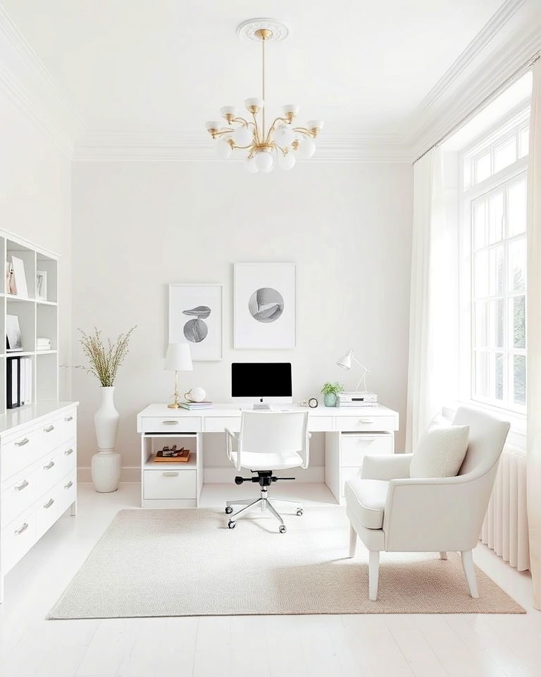 all white color scheme transforms your home office - 20 White Home Office Ideas