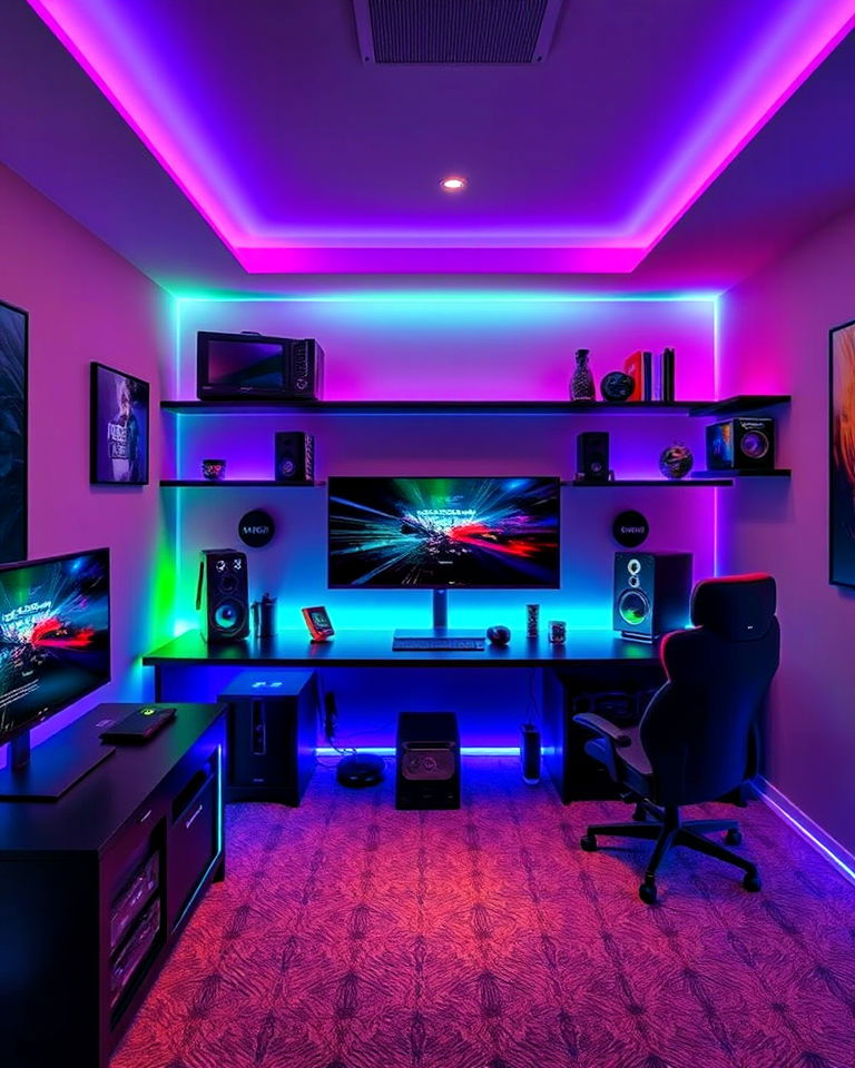 ambient led lighting man cave gaming - 20 Gaming Man Cave Ideas