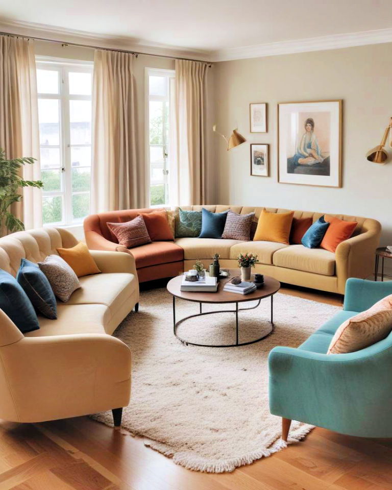 angular sofa with a high backed rounded loveseat - 15 Mismatched Sofas in Living Room Ideas
