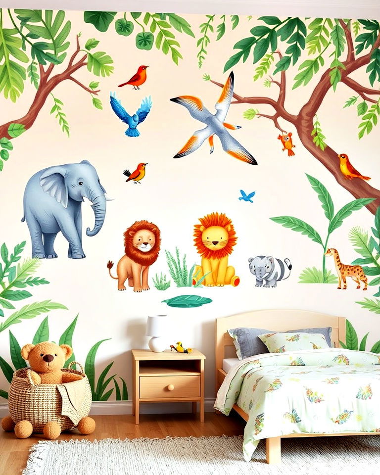 animal murals turn a plain wall - 25 Kids Room Accent Wall