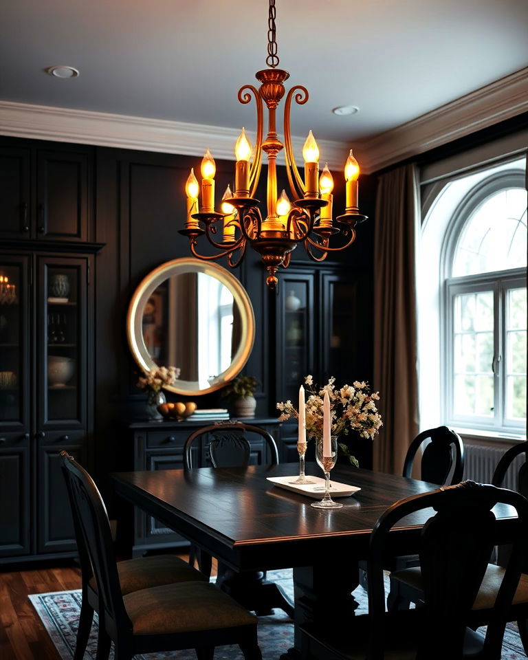 antique chandelier with candles - 15 Dark Academia Dining Room Ideas