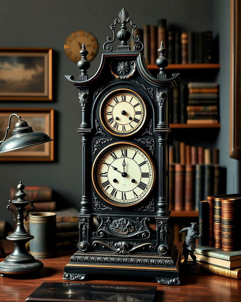 antique clock as a statement piece - 20 Dark Academia Home Office Ideas