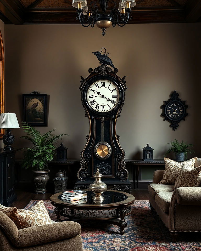 antique clock with a mysterious aura living room - 20 Whimsigoth Living Room Ideas