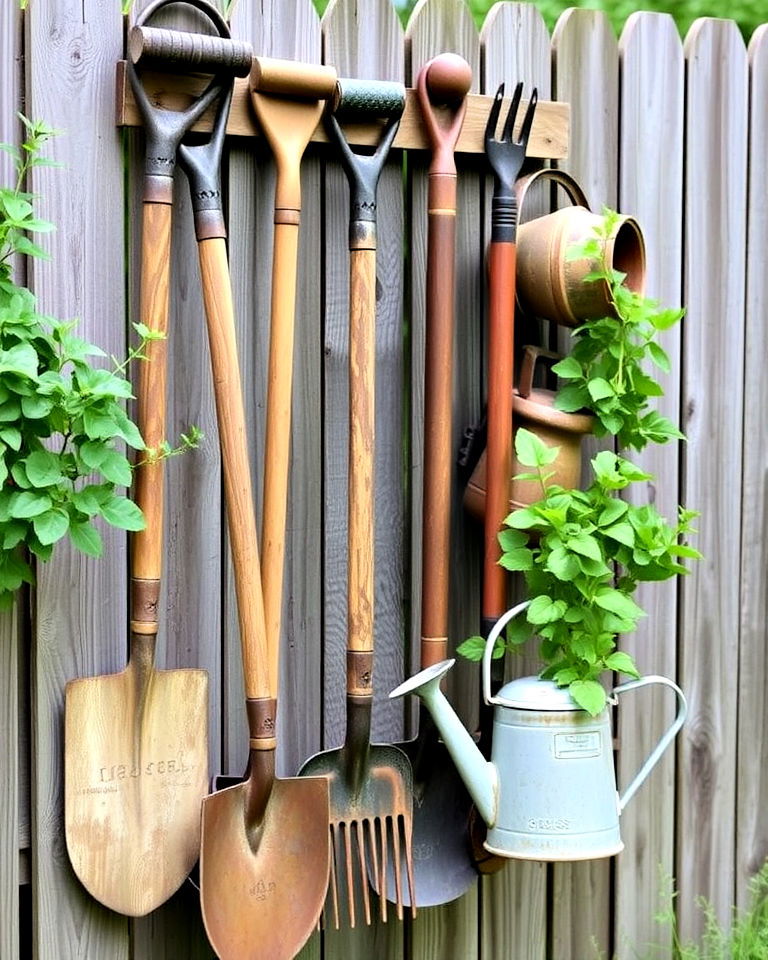 antique garden tools as decor - 15 Farmhouse Garden Ideas