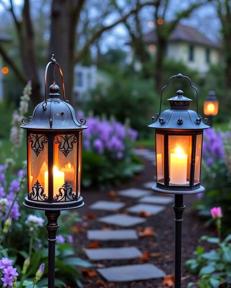 antique lanterns for pathway lighting - 20 Vintage Garden Ideas