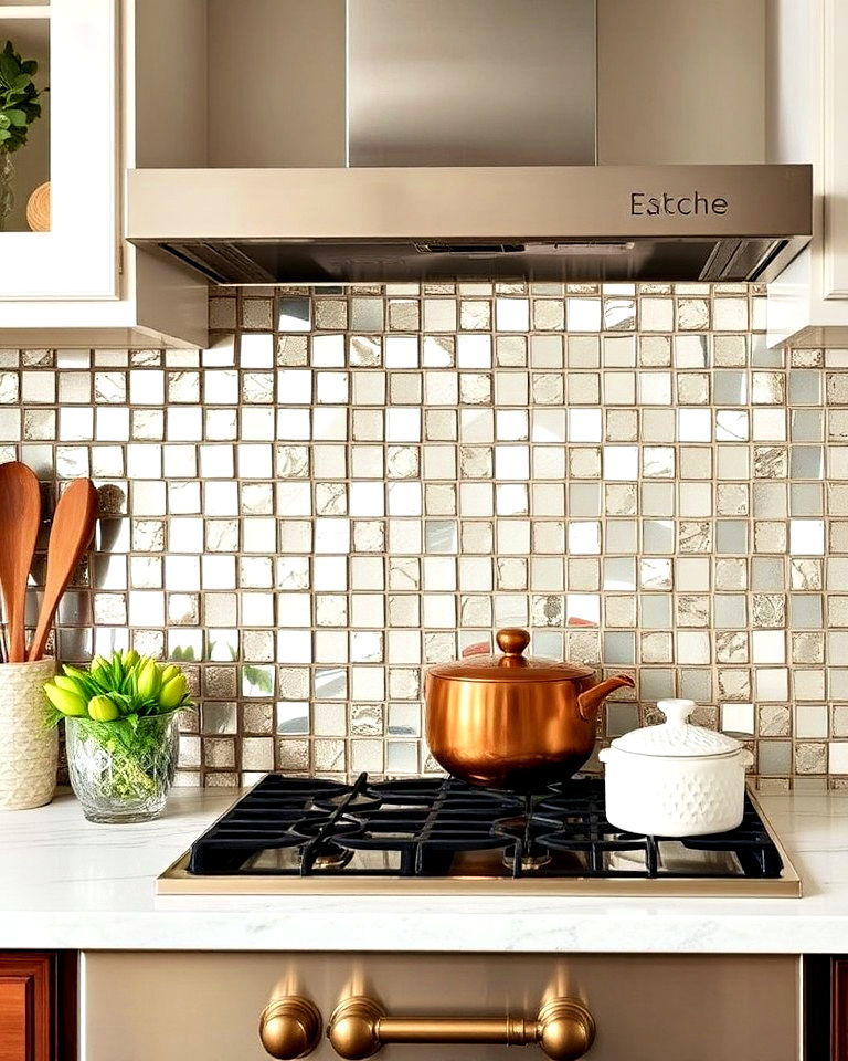 antique mirrored mosaic for vintage glam - 25 Mirrored Backsplash Kitchen Ideas