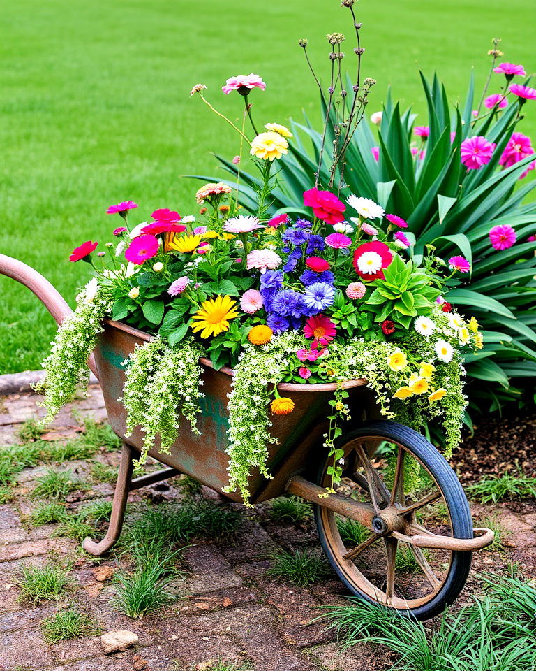 antique wheelbarrow flower displays - 20 Vintage Garden Ideas