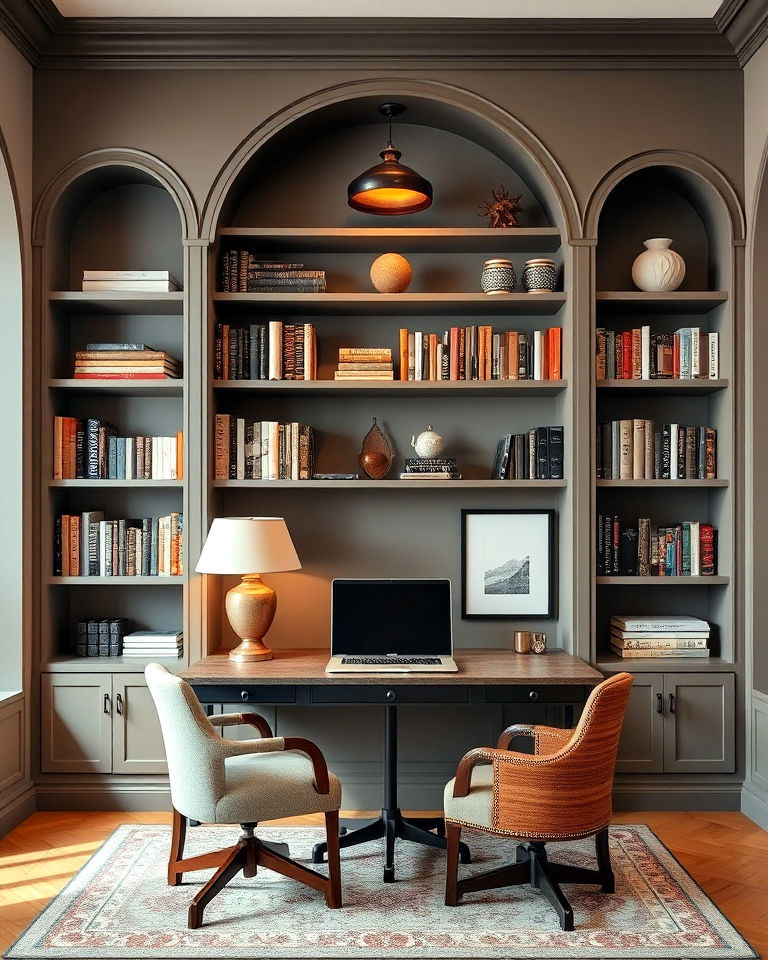 arched bookcase design home office library - 25 Home Office Library Ideas