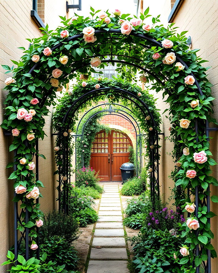arched trellises for vertical greenery - 15 Narrow Garden Ideas