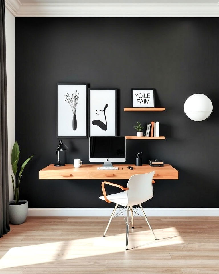 around a floating desk create a feature wall - 25 Contemporary Home Office Ideas