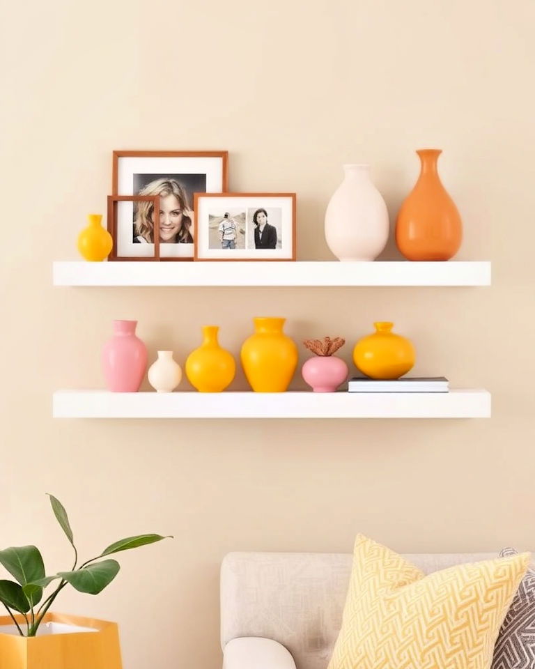 arrange a yellow and pink gallery shelf - 25 How to Decorate With Yellow and Pink-captions