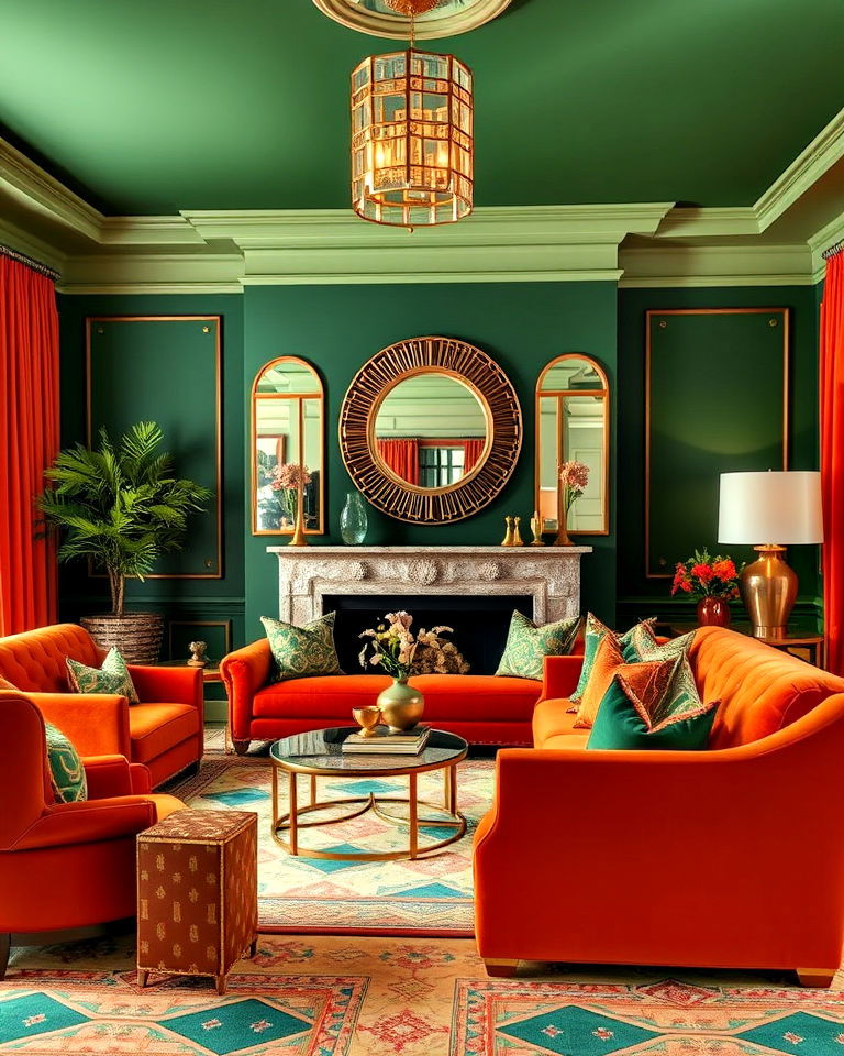 art deco inspired green and orange living room - 25 Green and Orange Living Room Ideas
