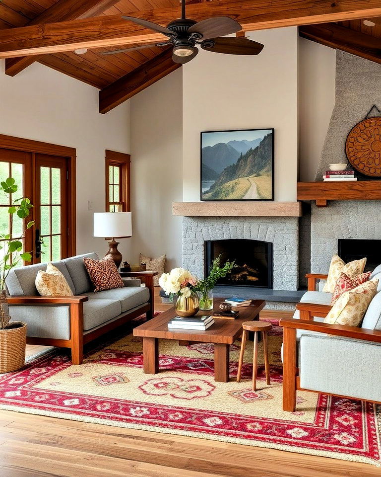 artisan rugs to enhance the aesthetic - 25 Craftsman Living Room Ideas