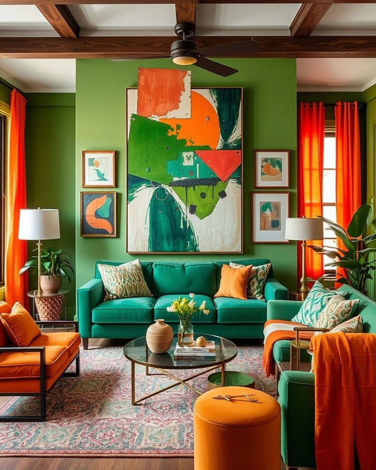 artistic and eclectic green and orange living space - 25 Green and Orange Living Room Ideas