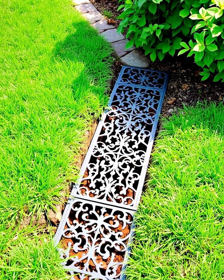 artistic flair with decorative grates - 15 French Drain Landscaping Ideas