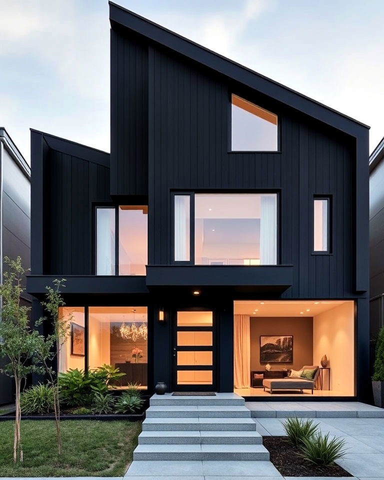 asymmetrical black house for a bold statement - 30 Modern Black Houses