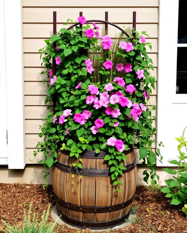 attaching a trellis to a wine barrel planter - 15 Wine Barrel Planter Ideas