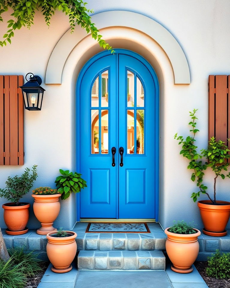 azure blue for a mediterranean vibe - 25 Grey House With Blue Door Ideas