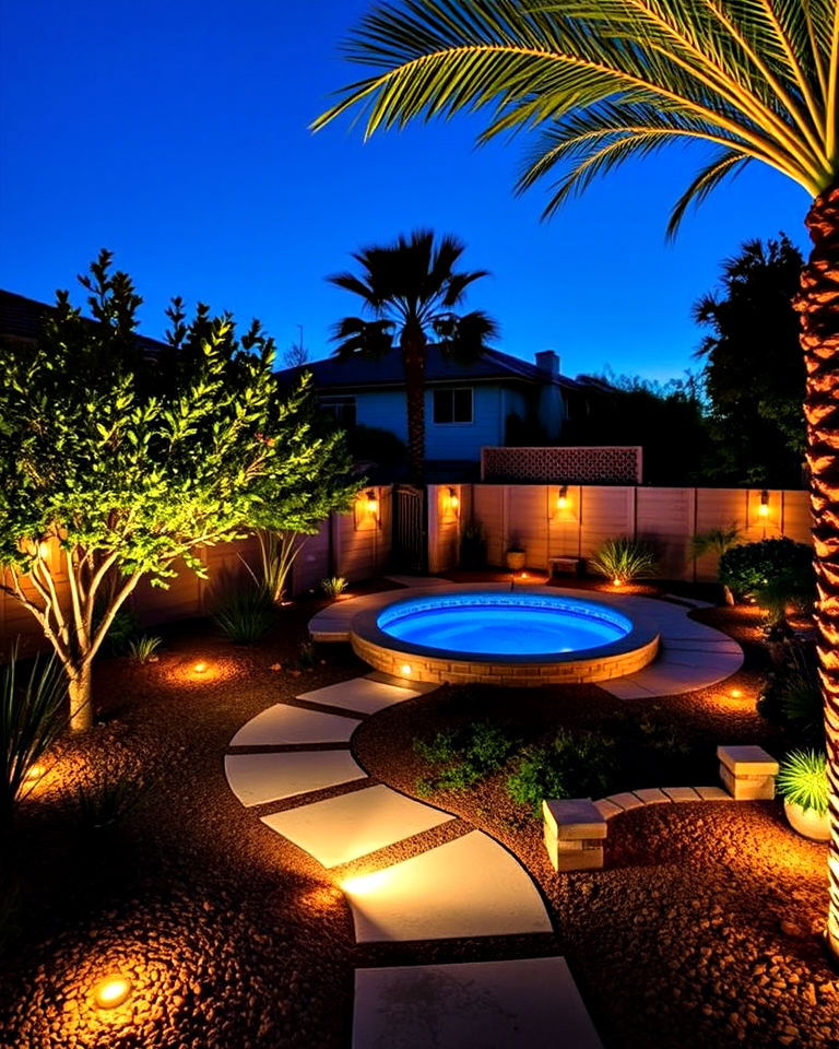 backyard features with energy efficient led lighting - 25 Las Vegas Backyard Landscaping Ideas