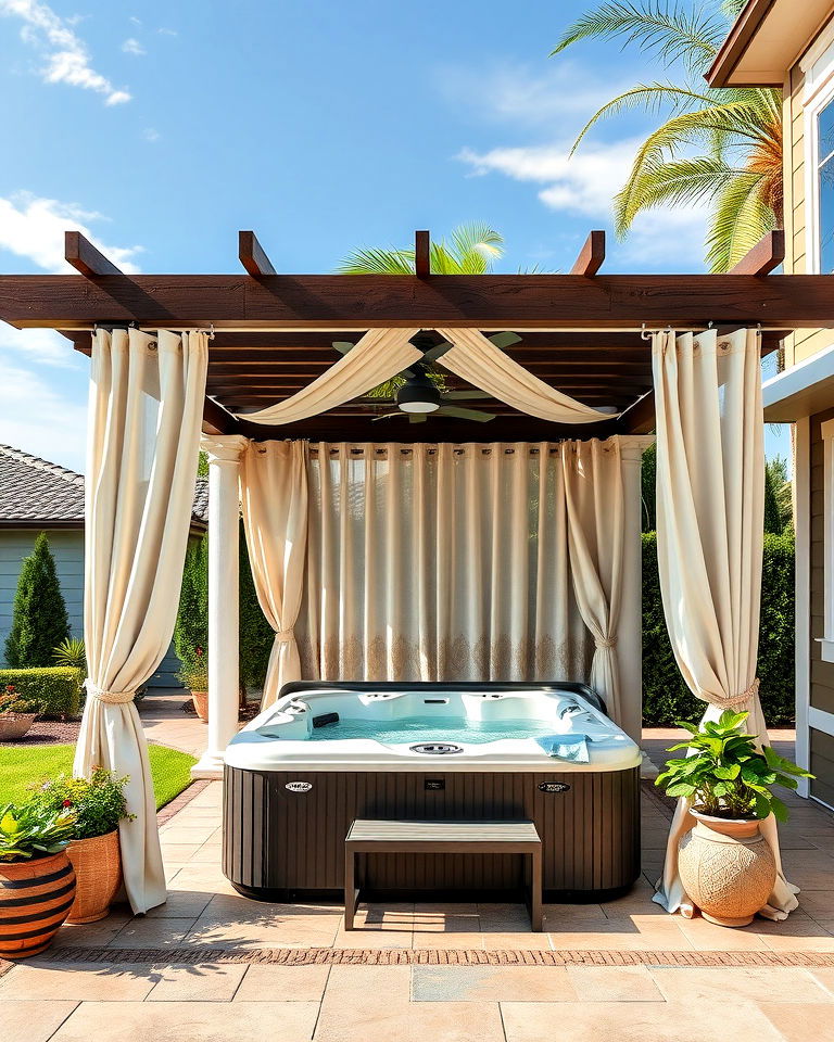 backyard pergola with outdoor curtains - 15 Hot Tub Pergola Ideas