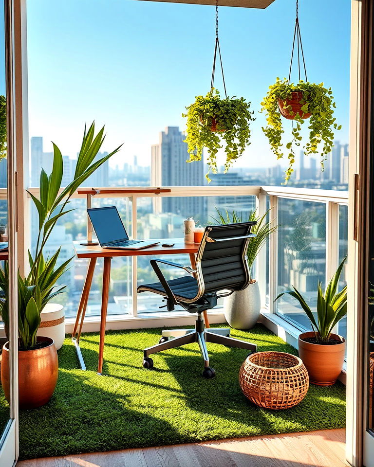 balcony into a tranquil workspace - 25 Artificial Grass Balcony Design