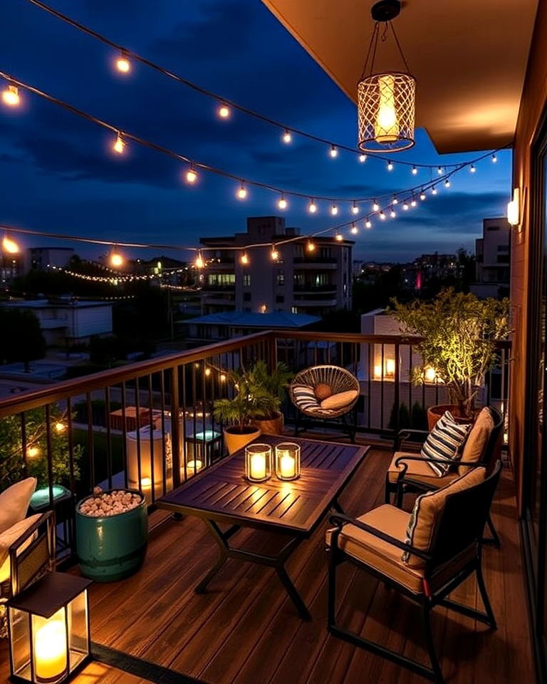 balconys ambiance with layered lighting - 20 Large Balcony Ideas