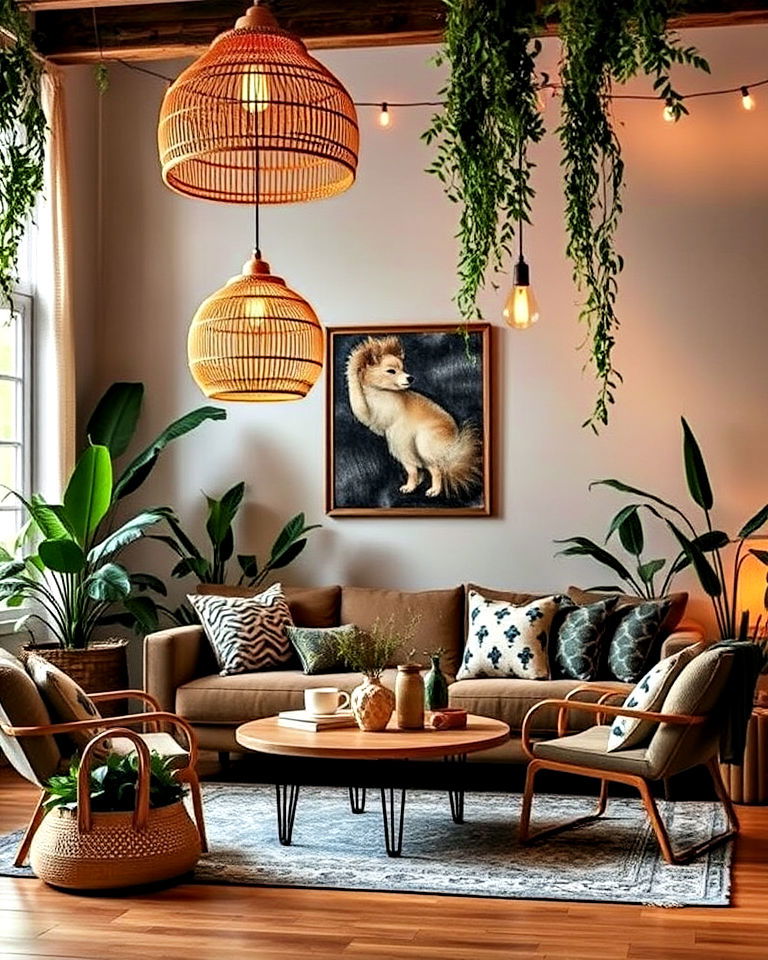 bamboo pendant lamps for a boho jungle living room - 15 Boho Jungle Living Room Ideas