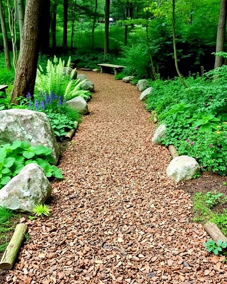 bark chip path with natural edging - 15 Woodland Garden Path Ideas