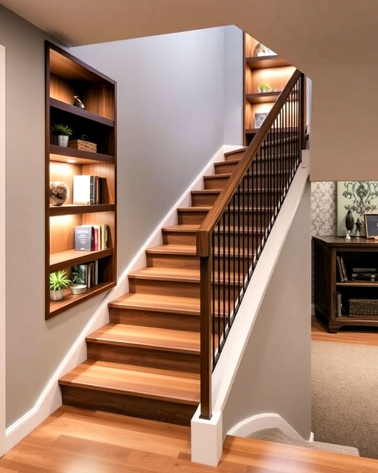 basement built in shelving along stair walls - 20 Basement Stair Ideas