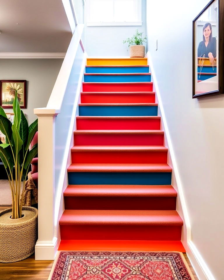basement painted stair risers for a pop of color - 20 Basement Stair Ideas